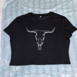 Women’s Black Cropped Skull Tee Cowboy T-Shirt XL